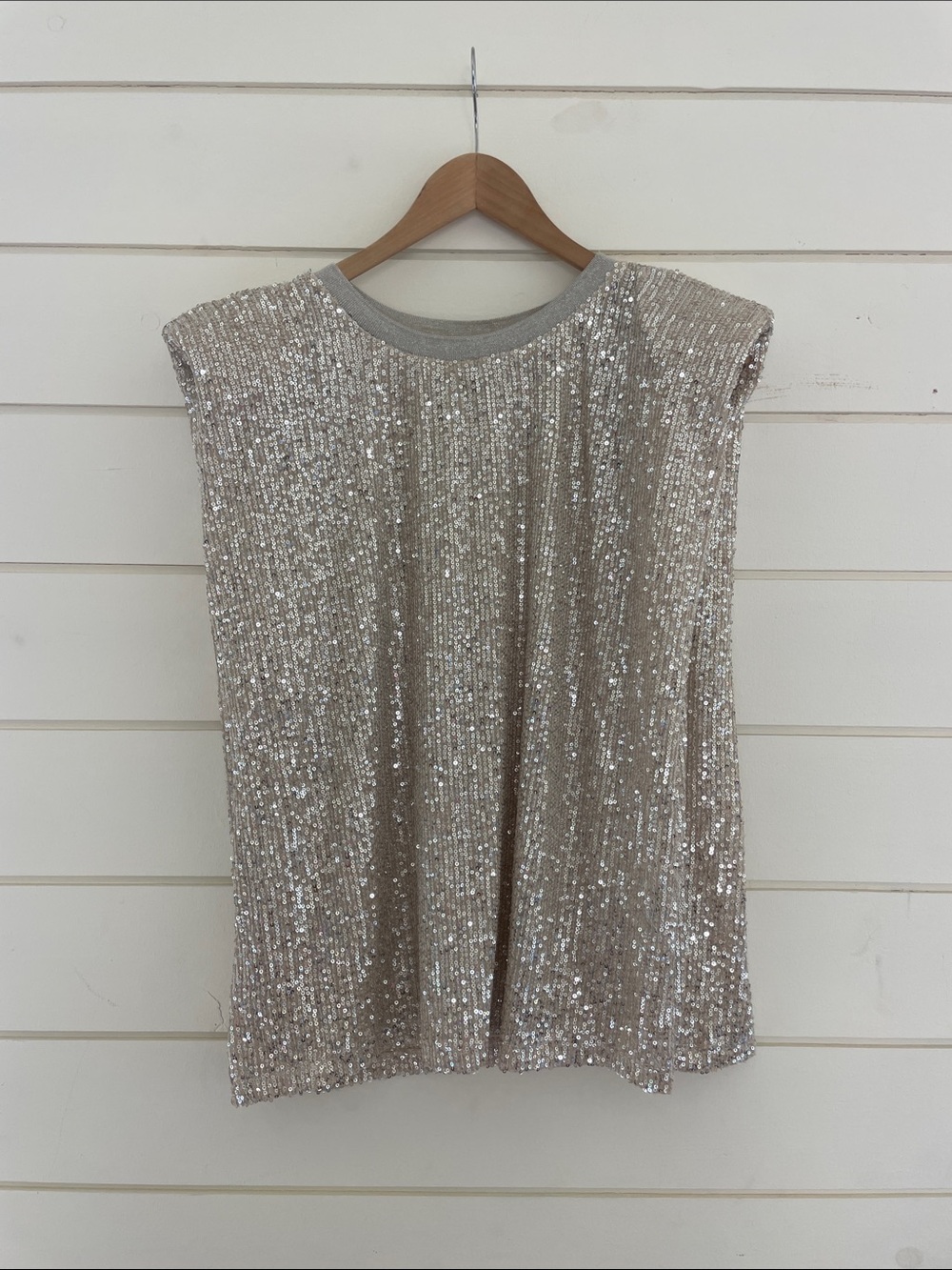 Anthro Sequin Knit Cap Sleeve Top in Champagne size M